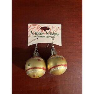 Winter Wishes Christmas Ornament Dangle/Drop Earrings - Gold w/Green & Red